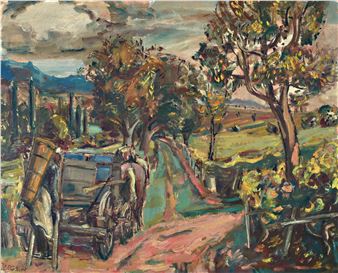 A rustic landscape painting featuring a horse-drawn cart on a winding country road.