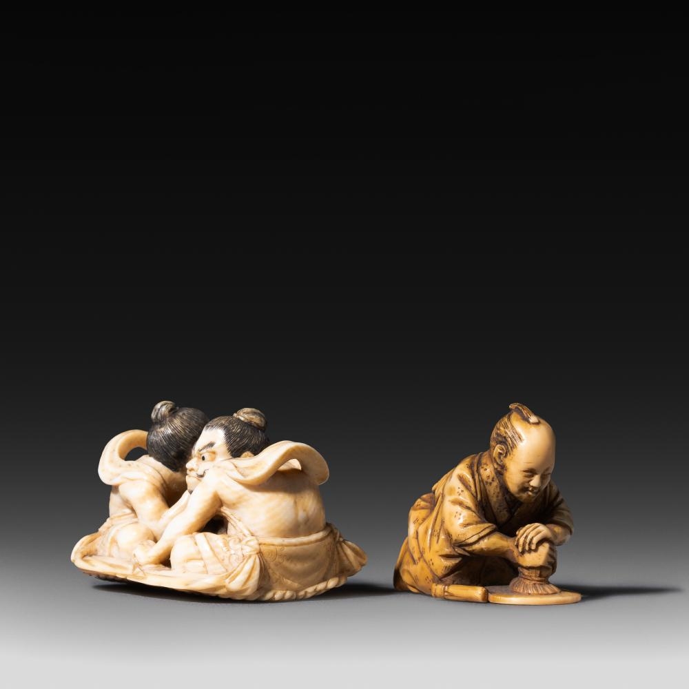 Japanese School, 20th Century | A Japanese ivory netsuke of Raijin and ...