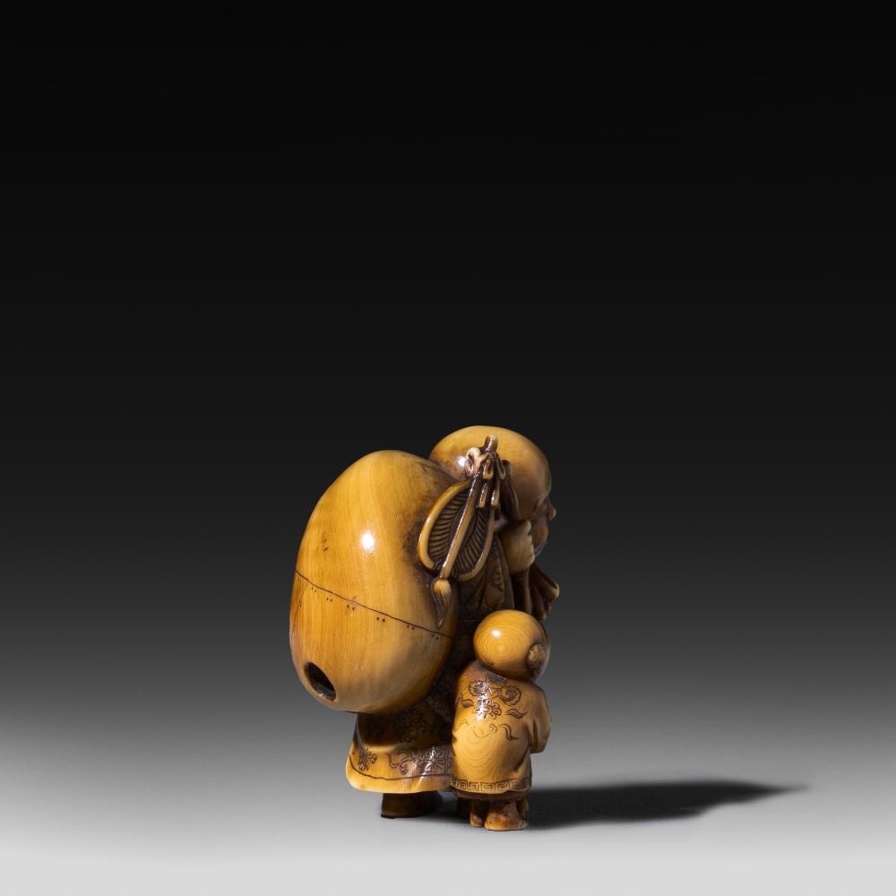 Japanese School, 20th Century | A Japanese ivory netsuke of hotei with ...
