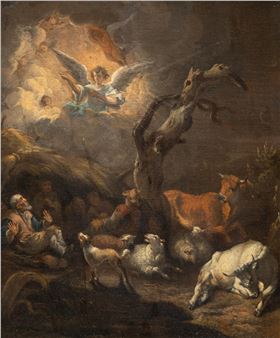 A painting of an angel surrounded by animals in a wooded area.