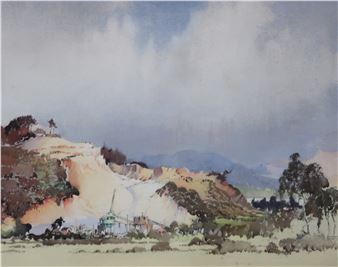 A watercolor landscape of a coastal cliff with a crane and distant mountains under a cloudy sky.