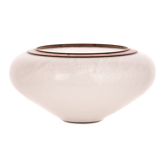 A white vase with a wooden rim on a white background.