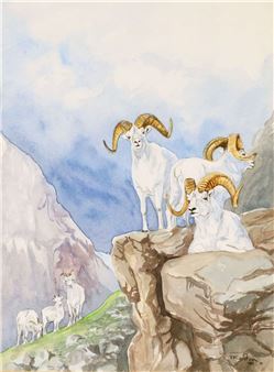 A watercolor painting of white mountain goats with large curved horns standing on rocky cliffs.