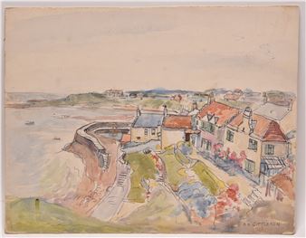 A watercolor landscape of a coastal village with terraced houses overlooking the sea.