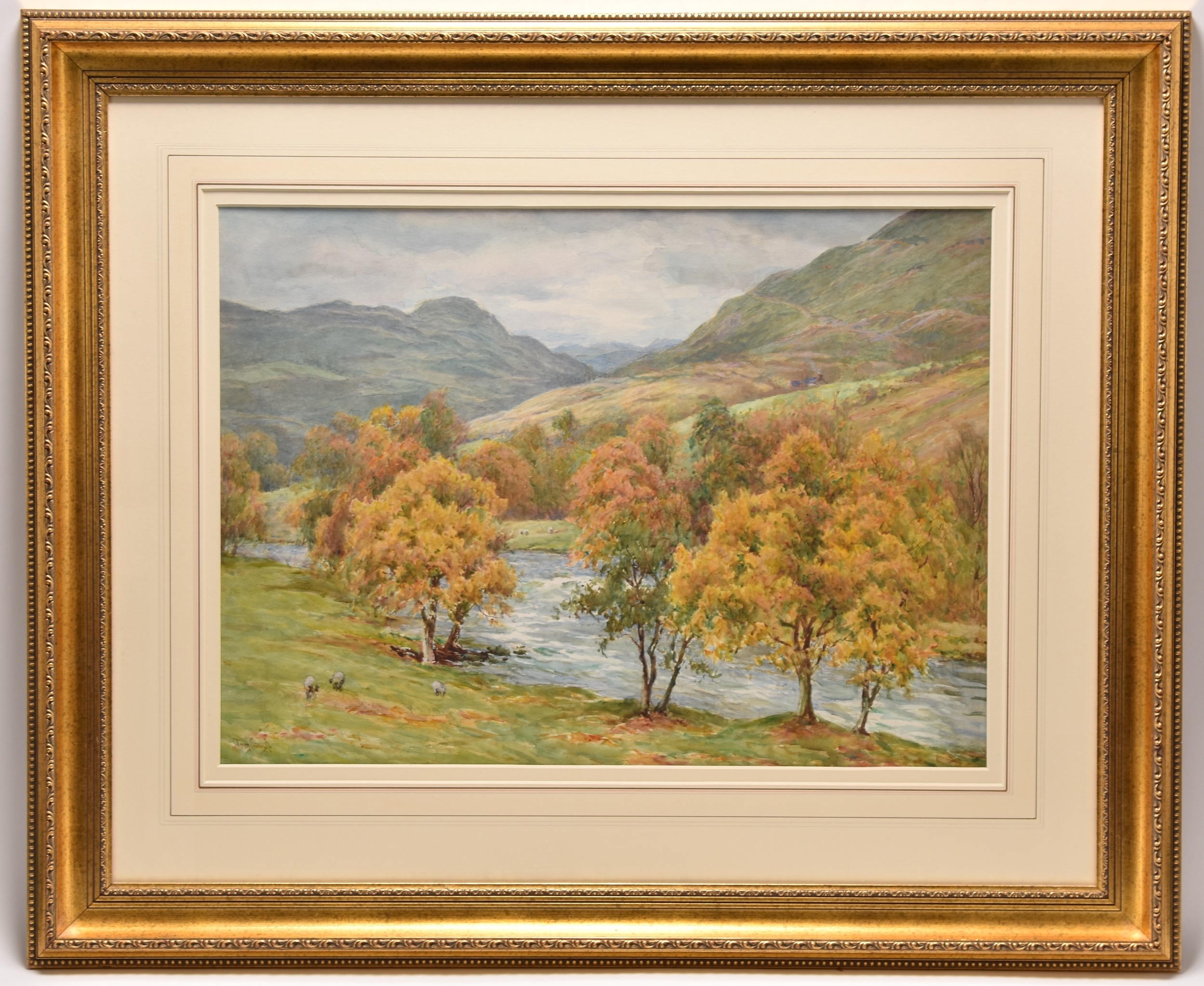 Tom Clough | Sheep Grazing by a Tree-lined River, possibly River Llugy ...