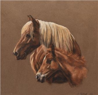A painting of two horses standing next to each other.