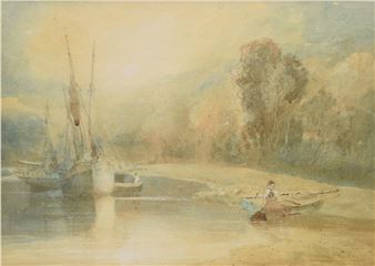 A serene watercolor scene of a river at dusk featuring boats and a figure rowing.