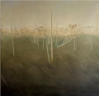 A misty landscape painting featuring a field of bare, skeletal trees under a hazy sky.