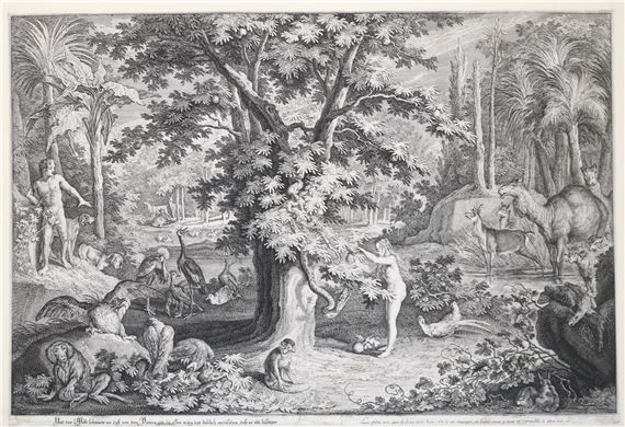 A detailed black-and-white engraving of a lush, mythological forest scene filled with figures and animals.