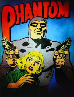 A bold comic-style illustration of a masked figure holding two pistols while a blonde woman looks up in fear.