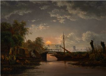 A painting of a sunset over a river with boats in the foreground.