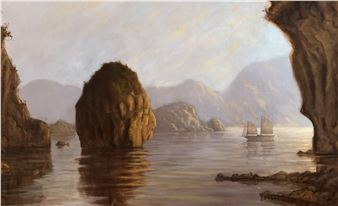 A serene coastal landscape featuring a traditional sailing vessel navigating calm waters between rocky cliffs.