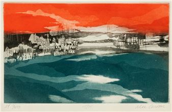 A bold graphic print of a coastal town under a fiery red sky.