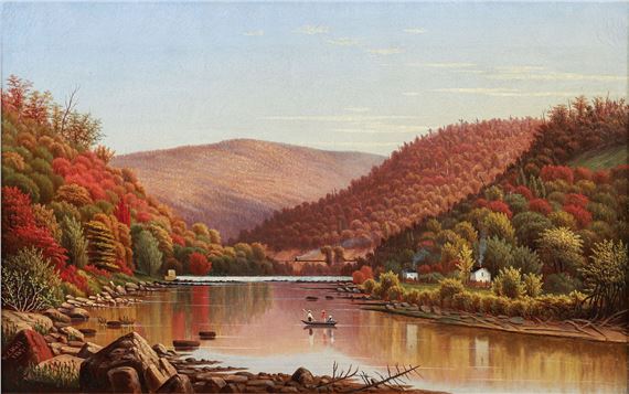 A serene autumn landscape painting featuring a river winding through colorful hills.