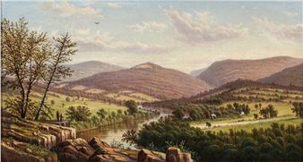 A pastoral landscape painting featuring rolling hills, a winding river, and a tree-lined foreground.