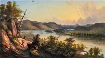 A romanticized landscape painting depicting a river valley with indigenous figures on a rocky cliff.