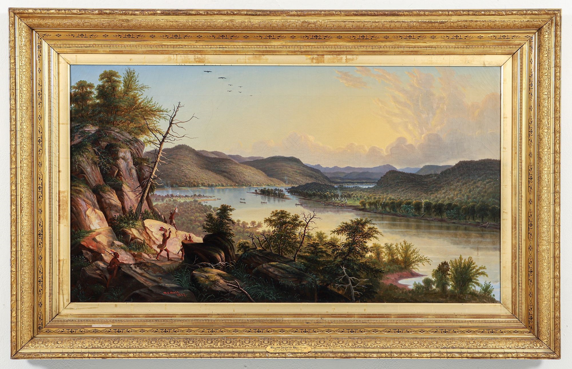 A romanticized landscape painting depicting a river valley with indigenous figures on a rocky cliff.