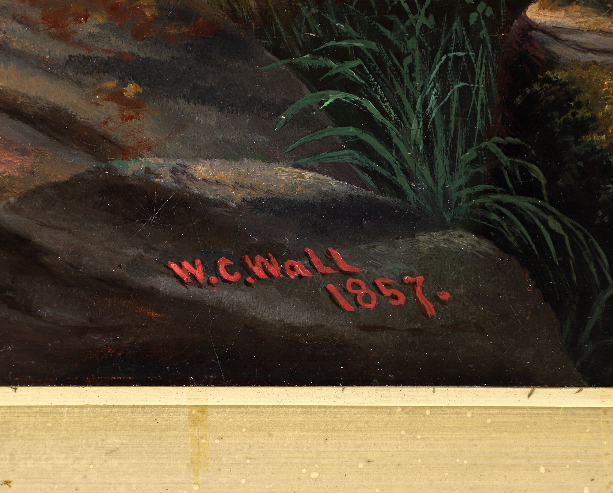 A romanticized landscape painting depicting a river valley with indigenous figures on a rocky cliff.