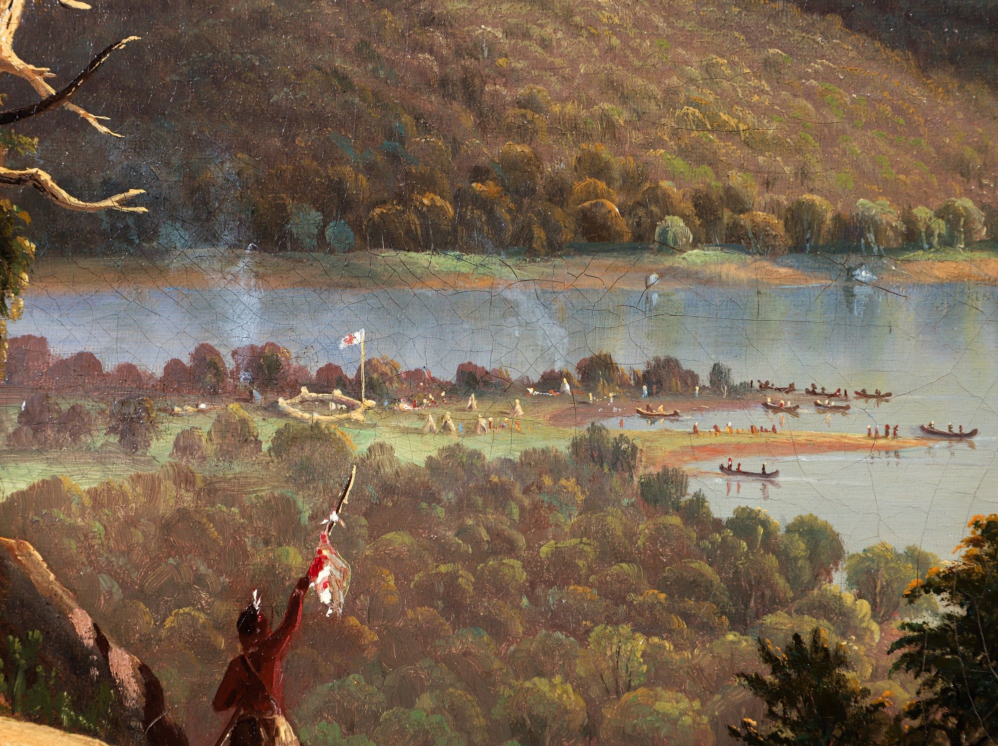 A romanticized landscape painting depicting a river valley with indigenous figures on a rocky cliff.