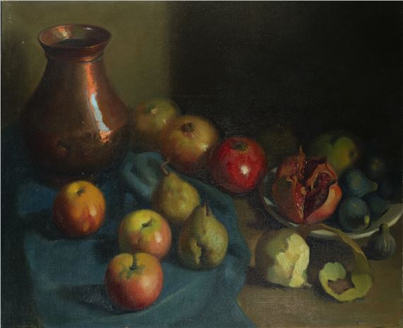 A painting of apples and pears on a table with a vase.