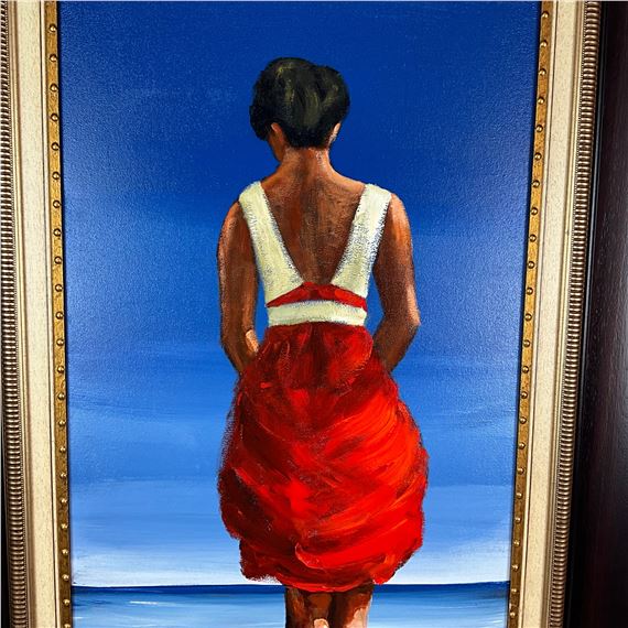 lady in red dress on beach painting The Vintage Shop Flower Print Beaded Mini Dress – Dales Clothing for Men  and Women main image 1