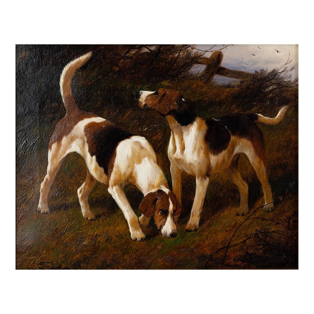 George Wright | A pair of oil on canvases, both depicting foxhounds ...