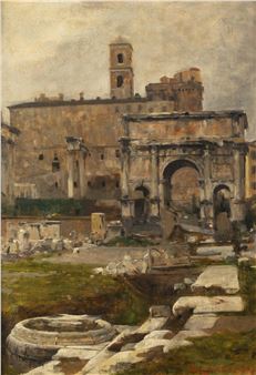A painting of the ruins of the Roman Forum in Rome.