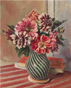 A vibrant still life featuring a striped vase filled with colorful daisies on a red striped surface.