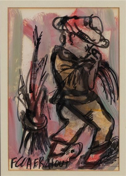 A dynamic abstract drawing of a figure in motion against a vibrant, textured background.
