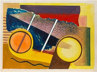 A vibrant abstract composition featuring a stylized vehicle-like form with bold geometric shapes and a warm color palette.