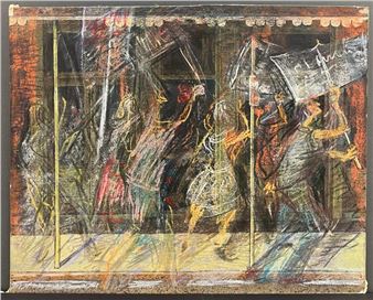 A chaotic street scene rendered in expressive, layered strokes depicting figures in motion.