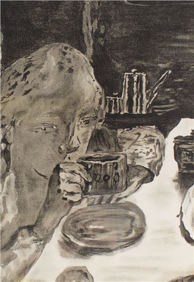 A monochromatic sketch of a figure holding a cup in a dimly lit interior.