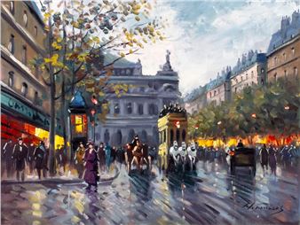 A vibrant impressionist painting of a bustling European street scene filled with horse-drawn carriages and pedestrians.