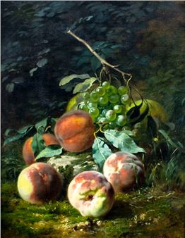 A still life painting featuring a cluster of peaches and green grapes resting on mossy ground.