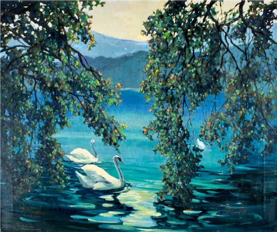 Louis Hovey Sharp | Lke Landscape with Swans | MutualArt