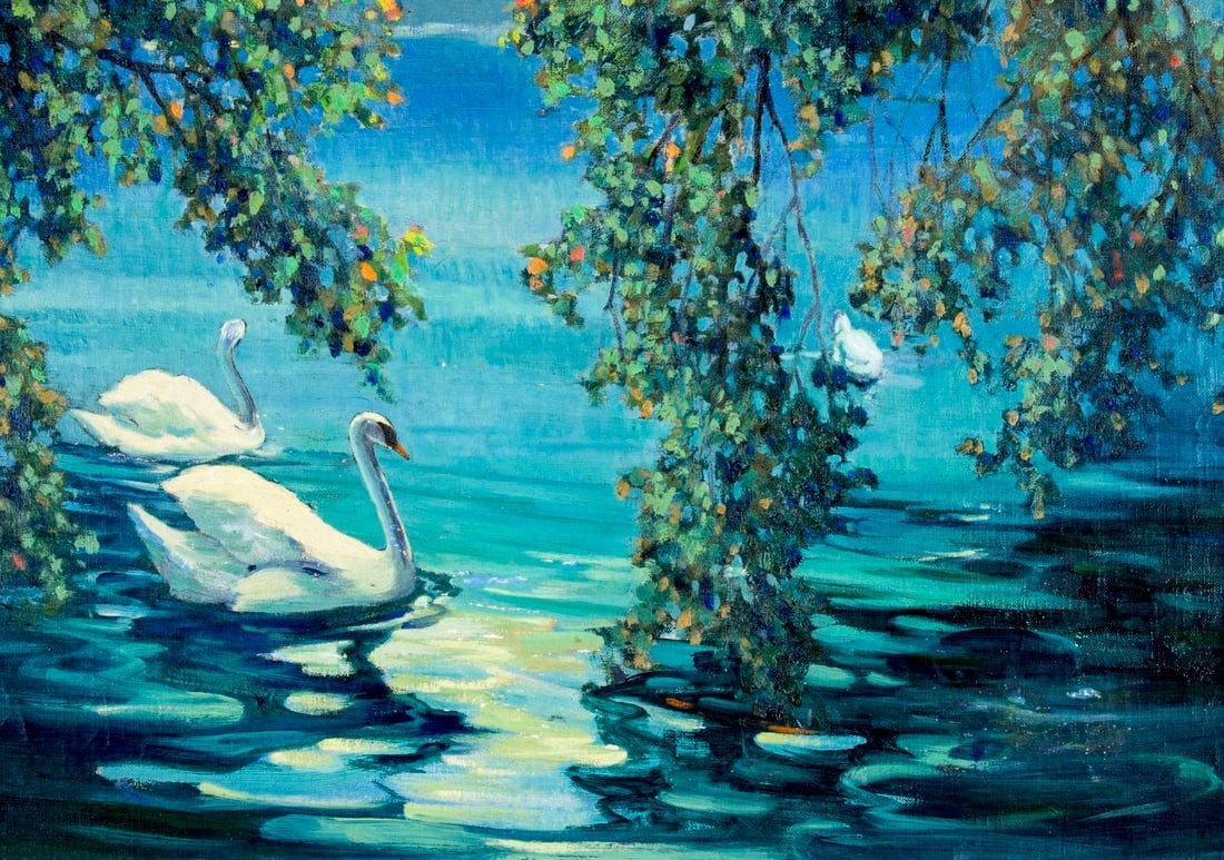 Louis Hovey Sharp | Lke Landscape with Swans | MutualArt