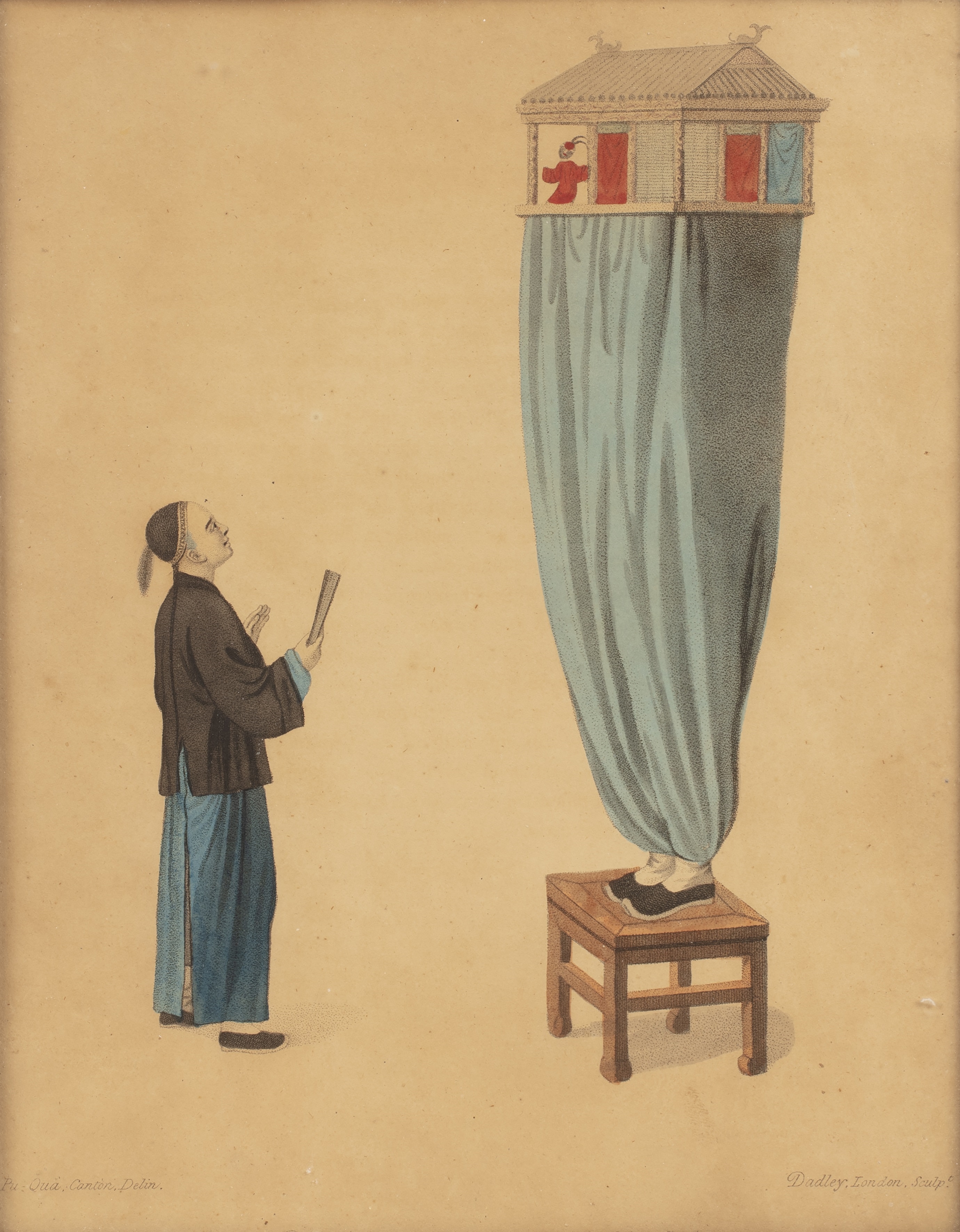 Pu Qua | 'A Chinese puppeteer standing on a stool, with a miniature ...