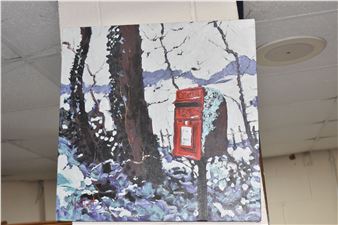 A painting of a red telephone box in the snow.