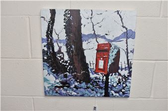 A painting of a red post box in the snow.
