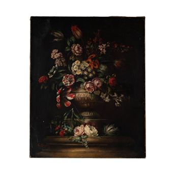 A classical still life painting featuring a vibrant floral arrangement in an ornate urn against a dark background.