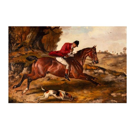 A dynamic hunting scene featuring a rider on a galloping horse with a dog in the foreground.