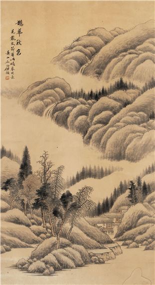 A traditional ink landscape painting featuring misty mountains, a flowing river, and a small village nestled in the valley.
