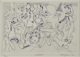A chaotic ink drawing of a crowded, surreal room filled with distorted figures and strange objects.