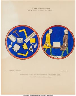 A medieval stained-glass style illustration depicting construction tools and figures carrying a beam.