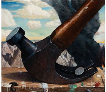 A close-up of a rusty hammer resting on a paint-splattered workbench against a dramatic landscape.