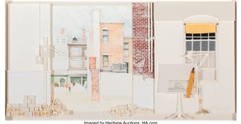 A split-view diorama depicting a quiet urban street scene juxtaposed with an artist's studio setup.