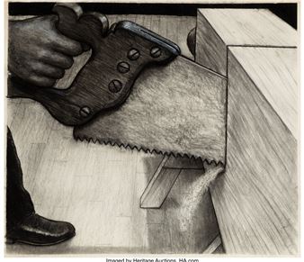 A monochromatic drawing of a hand sawing through thick wood.