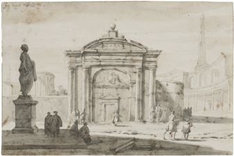 A drawing of a building with a statue in front of it.
