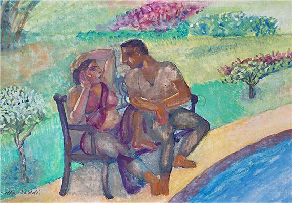 A colorful painting of a couple sitting on a bench by a pool.