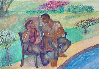 A colorful painting of a couple sitting on a bench by a pool.